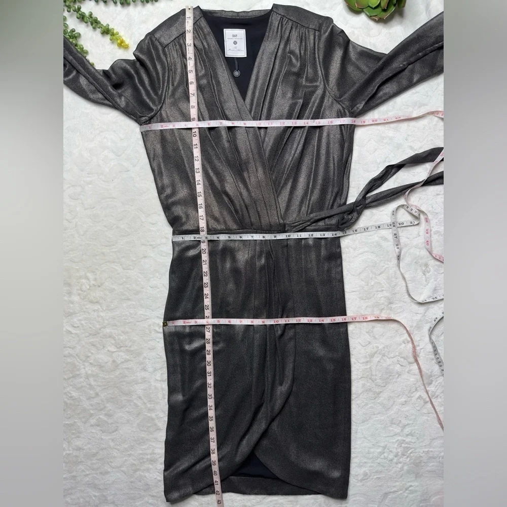 DAY Birger et Mikkelsen Long Sleeve Metallic Silver Midi Wrap Dress XS